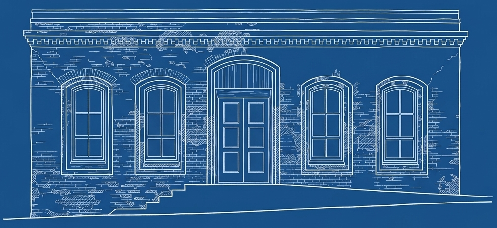 Blueprint illustration of a historic building facade on the Mendocino coast